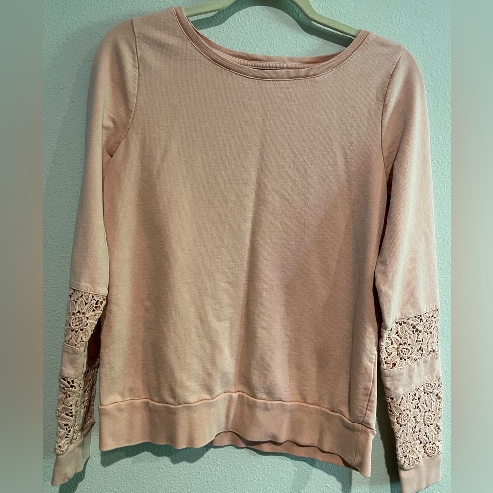 Women’s Lucky Lotus distressed pale pink with long sleeve and lace detai…